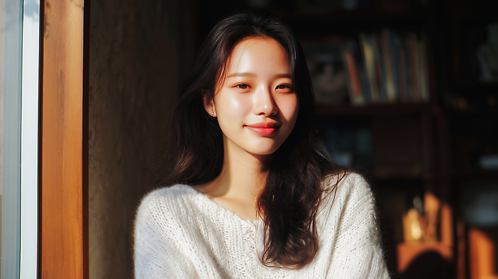 JPG 편집이미지 여자 행복 포즈 미소 청춘 햇빛 스웨터 창가 뷰티풀 순간 의료성형뷰티 편집실사 감정 컨셉 상의 창문 표정 사람 태양 CG 파일형식