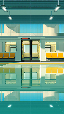 자연요소 육상교통 교통수단 컬러 가구 컨셉 교통시설 대중교통 역 파일형식 전철 내부 노란색 의자 물 반사 고요 조화 빛 창문 도시 모던 이동 시설 디자인 국내일러스트 일러스트 JPG 기차역 기차