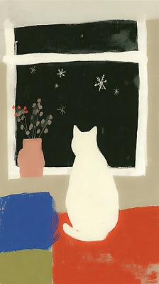 계절 컨셉 창문 포유류 모션 눈_날씨 내부 반려동물 감각 야간 생태계 파일형식 고양이 겨울 눈송이 창가 실내 편안함 식물 화분 관찰 시간 저녁 생활 동물 자연 혼자 고요 분위기 방안 평화 국내일러스트 일러스트 JPG