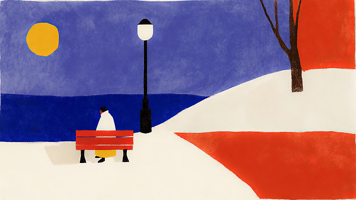 식물 계절 공공시설 감정 길 바다 컬러 컨셉 의자 생태계 파일형식 겨울 해변 공원 벤치 사람 풍경 평화 고독 나무 조명 산책로 여유 자연 빨간색 파란색 그림 감상 국내일러스트 일러스트 JPG