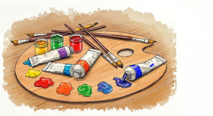모션 문화예술 취미 미술도구 파일형식 물감 붓 팔레트 예술 창의력 그리기 컬러 그림 작업 미술 공예 화구 예술가 표현 조화 창작 도구 국내일러스트 일러스트 JPG
