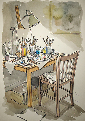 가구 모션 물감 미술도구 파일형식 그림 붓 조명 탁자 의자 예술 창의력 컬러 오브젝트 예술가 스튜디오 그리기도구 수채화 그리기 수채화물감 국내일러스트 일러스트 JPG