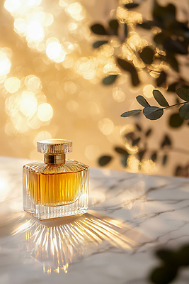 JPG 편집이미지 디자인 자연 탁자 나뭇잎 조명 장식 반사 촬영 분위기 우아함 향수 오브젝트 대리석 뷰티풀 편집실사 AI컴퓨터그래픽 AI콘텐츠 가구 컨셉 잎 재료 화장품 CG 생태계 파일형식