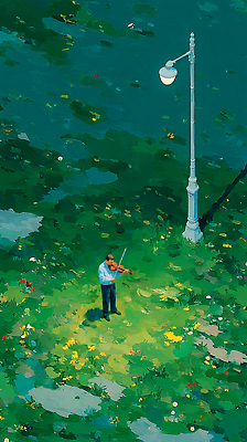 JPG 나무 공원 남자 꽃 감정 예술 음악 연주 가로등 일러스트 자연 바람 조명 풍경 야외 초록색 여름 평화 분위기 바이올린 국내일러스트 AI일러스트 AI콘텐츠 자연요소 식물 계절 공공시설 컬러 컨셉 현악기 날씨 문화예술 사람 생태계 파일형식