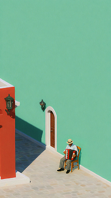 JPG 남자 문화 예술 음악 컬러 연주 일러스트 놀이 휴식 거리 사람 풍경 파란색 햇빛 공연 도시 즐거움 아코디언 밝은색 국내일러스트 AI일러스트 AI콘텐츠 감정 컨셉 문화예술 이벤트 태양 건반악기 파일형식