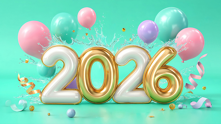 자연요소 편집이미지 컨셉 이벤트 연도 파일형식 2026년 새해 축하 장식 풍선 물 파티 컬러 풍경 기념 축제 화려 이미지편집 JPG