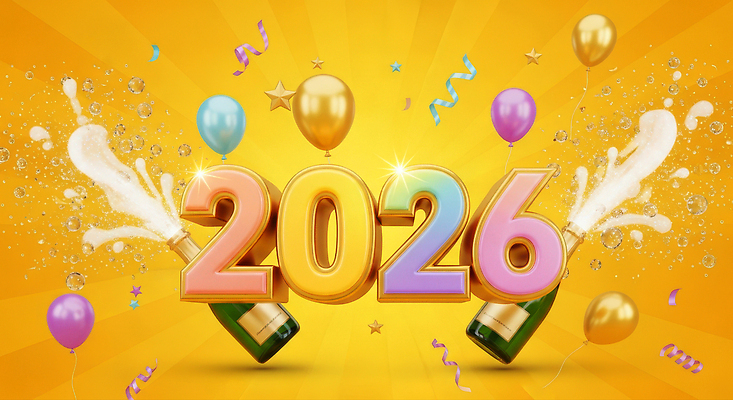 편집이미지 문자 감정 컬러 컨셉 이벤트 연도 파일형식 2026년 새해 축하 기념일 숫자 금색 보라색 축제 파티 기쁨 폭죽 장식 풍선 화려 응원 이미지편집 JPG