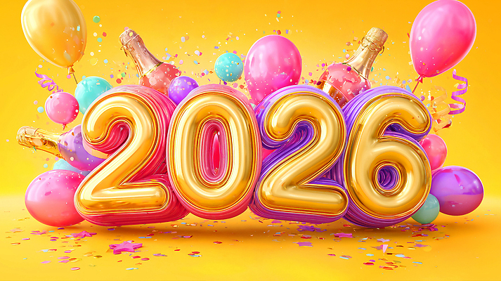 편집이미지 감정 컬러 컨셉 주류 이벤트 연도 파일형식 새해 2026년 축하 파티 장식 풍선 샴페인 축제 노란색 기쁨 행복 이미지편집 JPG