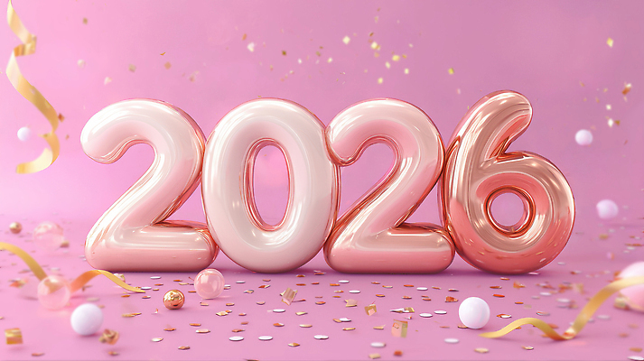 편집이미지 문자 컬러 컨셉 이벤트 연도 파일형식 2026년 숫자 축제 기념일 장식 분홍색 금색 리본 풍선 파티 축하 세레모니 장난감 이미지편집 JPG