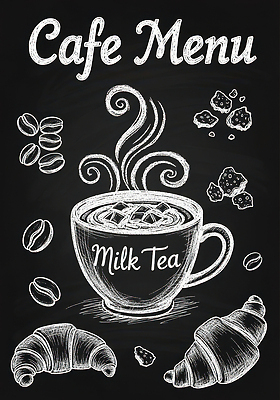 커피 음료 음식 빵 컨셉 디저트 차_음료 상점 감각 그림 파일형식 카페 메뉴 밀크티 크루아상 원두 편안함 따뜻함 크림 초콜릿 허브차 과자 오후 휴식 국내일러스트 JPG 일러스트 초크아트