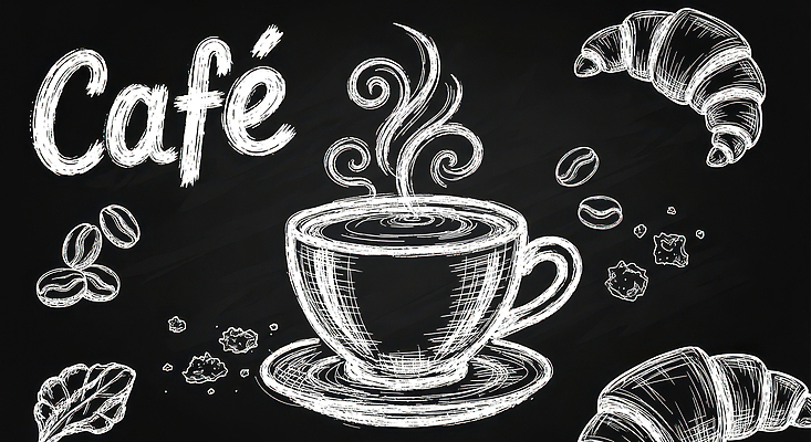 주간 감정 음료 음식 빵 가구 컨셉 상점 식사 그림 냄새 파일형식 카페 커피 크루아상 아침 따뜻함 여유 고객 탁자 디자인 백그라운드 차분 브런치 디저트 수증기 맛 향기 국내일러스트 JPG 일러스트 초크아트 메뉴