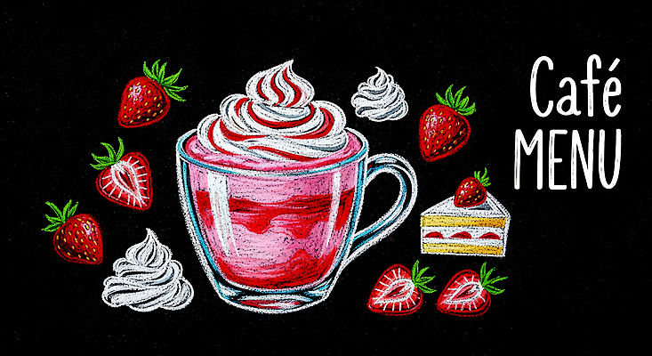 식기 음식 컨셉 과일 디저트 상점 감각 맛 크림 그림 휘핑 파일형식 카페 메뉴 딸기 음료 휘핑크림 케이크 잔 편안함 색감 달콤 신선 장식 먹거리 간편조리식품 국내일러스트 JPG 일러스트 초크아트