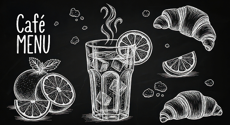 주간 자연요소 시선 음식 빵 과일 상점 맛 그림 파일형식 카페 메뉴 음료 크루아상 레몬 얼음 디자인 칠판 아침 신선 디저트 응시 달콤 국내일러스트 JPG 일러스트 초크아트