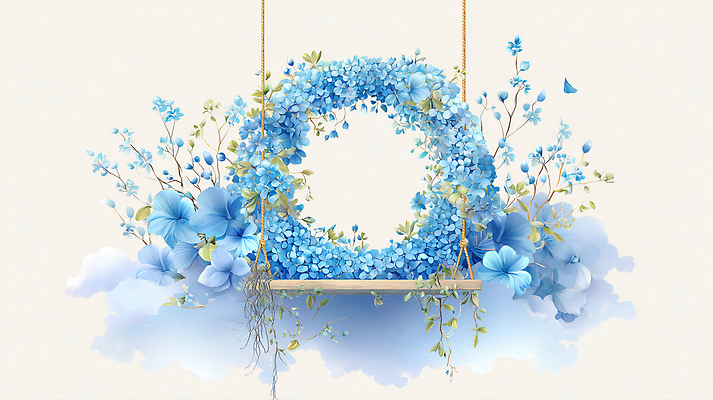 식물 계절 컬러 컨셉 모션 생태계 파일형식 꽃 그네 풍경 자연 뷰티풀 파란색 여름 휴식 흔들림 정원 조화 고요 목가 초원 공간 디자인 그림 하늘 국내일러스트 일러스트 JPG 수채화