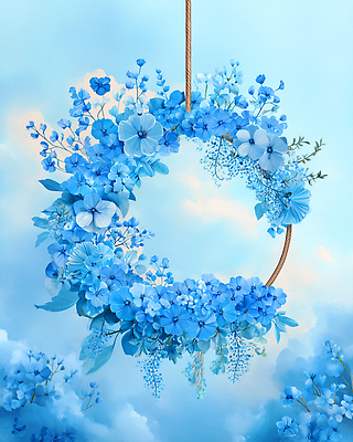 도형 식물 꽃 컬러 파란색 감각 생태계 파일형식 화환 백그라운드 장식 자연 뷰티풀 원형 생명 예술 디자인 부드러움 하늘색 잎 조화 축제 계절 국내일러스트 일러스트 JPG 수채화