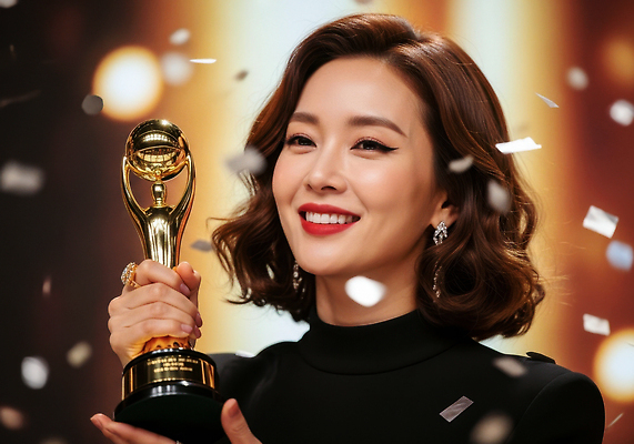 직업 감정 컨셉 표정 사람 상_우승 CG 파일형식 시상식 수상_상을받음 여자 트로피 웃음 기쁨 화려 무대 조명 축하 연예인 순간 축제 편집실사 JPG 편집이미지 의료성형뷰티 연말