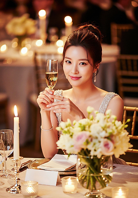 식물 직업 옷 가구 컨셉 초 표정 사람 이벤트 신체부위 CG 파일형식 여자 드레스 미소 탁자 꽃 촛불 조명 우아함 파티 분위기 축하 음료 손 편집실사 JPG 편집이미지 의료성형뷰티 연예인 시상식 연말