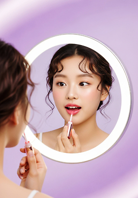 JPG 편집이미지 조명 화장 뷰티 거울 화장용품 립글로스 연보라색 자기관리 의료성형뷰티 편집실사 보라색 화장품 미용용품 CG 파일형식