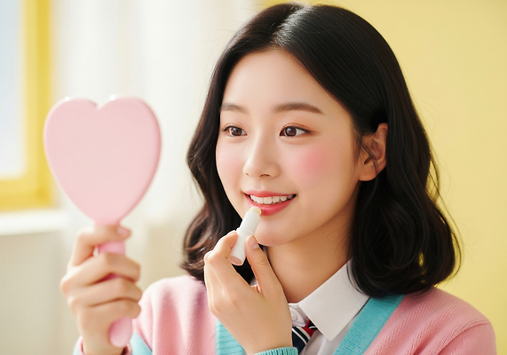 JPG 편집이미지 여자 패션 감정 분홍색 미소 일상 청춘 화장 화장품 거울 립스틱 하트 뷰티풀 의료성형뷰티 스타일 편집실사 모양 컬러 컨셉 표정 사람 라이프 뷰티 CG 파일형식