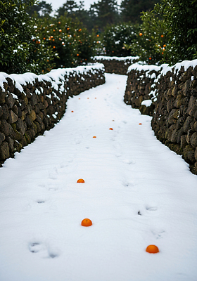 자연요소 식물 계절 길 농업 과일 자국 날씨 휴식 한국 눈_날씨 담장 돌_바위 CG 생태계 파일형식 겨울 귤 돌담 풍경 제주도 눈길 나무 자연 농장 산책 발자국 편집실사 편집이미지 JPG 눈