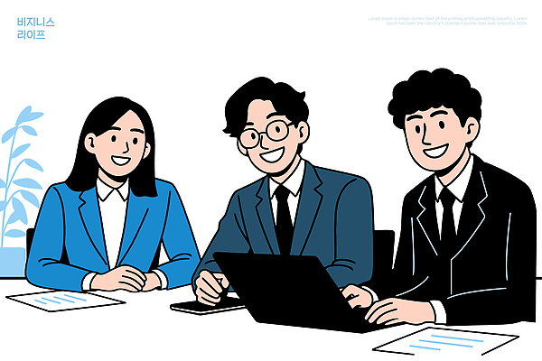 다수 컨셉 회사 비즈니스 표정 말하기 사람 전자제품 파일형식 벡터 직장 회의 아이디어 대화 여러명 사무실 노트북 협력 직업 전문 웃음 옷 그룹 문서 목소리 계획 국내일러스트 AI파일 일러스트