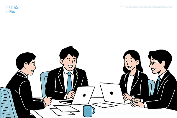 옷 커피 다수 컨셉 회사 비즈니스 잔 말하기 사람 전자제품 파일형식 벡터 회의 사무실 여러명 협력 모던 소통 노트북 의견 토론 분위기 직장 성공 대화 활발 커피잔 상의 제안 프로젝트 국내일러스트 AI파일 일러스트