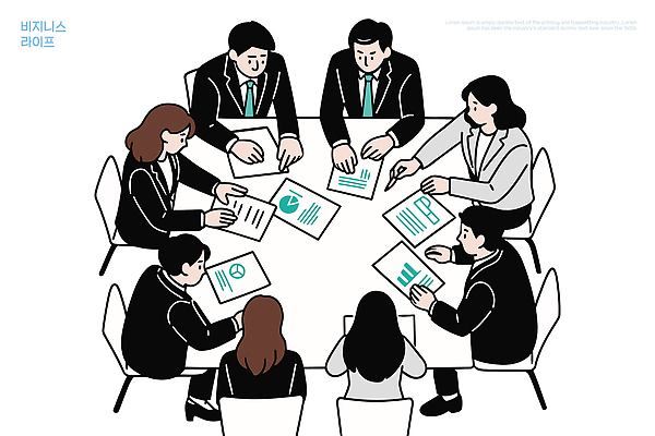직업 가구 다수 컨셉 비즈니스 사람 파일형식 벡터 회의 사업가 사무실 협력 문서 분석 탁자 토론 여러명 발표 아이디어 국내일러스트 AI파일 일러스트