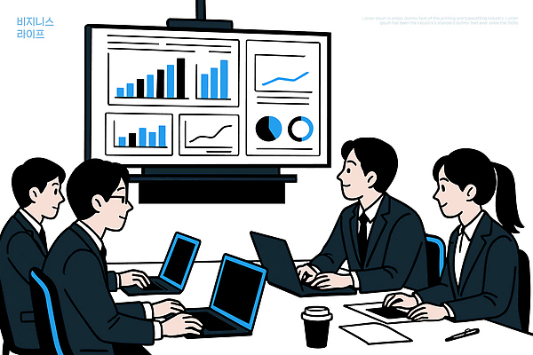 컨셉 회사 비즈니스 전자제품 스마트기기 사무용품 파일형식 벡터 회의 자료 분석 그래프 서류판 토론 노트북 태블릿 스크린 소통 작업 직장 사무실 협력 정보 결과 전략 국내일러스트 AI파일 일러스트