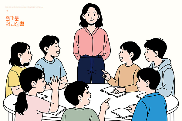 직업 라이프스타일 교육 감정 컨셉 학교 관계 탁자 말하기 파일형식 벡터 학생 교사 대화 교실 원형탁자 협력 학습 즐거움 스쿨라이프 소통 토론 이모티콘 친구 참여 생각 이야기 질문 독서 국내일러스트 일러스트 AI파일