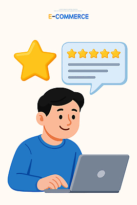 남자 인터넷 일러스트 노트북 쇼핑 홈페이지 상품 고객 심볼 만족 온라인쇼핑 평가 전자상거래 별점 피드백 국내일러스트 AI파일 감정 사람 전자제품 점수 온라인 파일형식 벡터