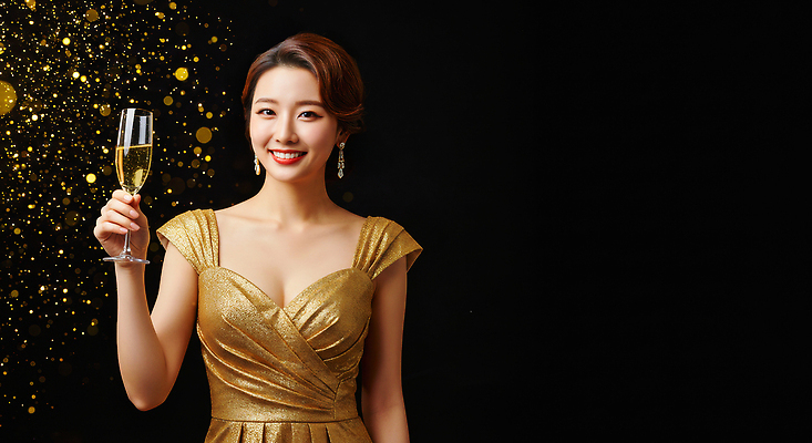 JPG 편집이미지 여자 행복 포즈 웃음 화장 파티 축제 축하 샴페인잔 연말 의료성형뷰티 스타일 송년회 편집실사 감정 컨셉 술잔 표정 사람 이벤트 뷰티 CG 파일형식