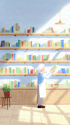 식물 교육 노년 남자 가구 컨셉 상점 감각 파일형식 서재 책 할아버지 정리 조명 책장 편안함 평화 독서 도서관 컬러 나무 교양 학습 조용 생활 문화 모션 일러스트 국내일러스트 JPG 서점