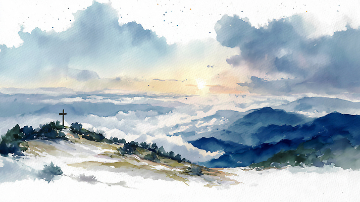계절 종교 컨셉 노을 일몰 생태계 파일형식 산 십자가 황혼 자연 풍경 뷰티풀 하늘 빛 고요 그림 차분 땅 겨울 신비 일러스트 국내일러스트 JPG 천주교 기독교 수채화