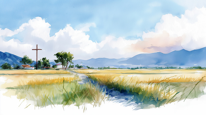 자연요소 식물 종교 컨셉 농업 날씨 농장 노을 생태계 파일형식 구름_자연 초원 자연 풍경 흰구름 십자가 평화 뷰티풀 농경지 산 나무 바람 농사 시골 조용 하늘 일몰 길 일러스트 국내일러스트 JPG 천주교 기독교 수채화