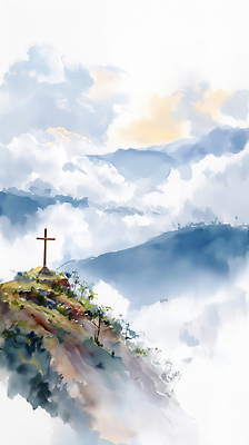 종교 컨셉 생태계 파일형식 십자가 산 풍경 자연 평화 하늘 정상 기도 고요 색감 수채화 예술 뷰티풀 일러스트 국내일러스트 JPG 천주교 기독교