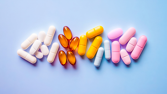 컬러 가구 의학 약 CG 영양소 파일형식 건강 탁자 배열 파란색 알약 비타민 흰색 분홍색 노란색 편집실사 JPG 편집이미지