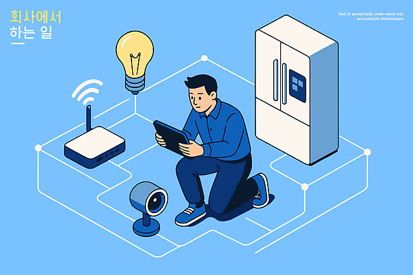 컨셉 비즈니스 사람 전자제품 스마트기기 가전제품 작업 파일형식 벡터 사무실 남자 태블릿 인터넷 조명 카메라 라우터 냉장고 기술 업무 모던 연결 혁명 디자인 생활 국내일러스트 AI파일 일러스트