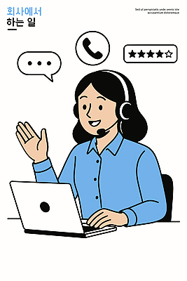 컨셉 비즈니스 말하기 전자제품 예절 작업 서비스업 파일형식 벡터 텔레마케팅 직원 업무 컴퓨터 인사 소통 상담 서비스 고객 친절 기술 사무실 대화 전화기 문제해결 회의 국내일러스트 AI파일 일러스트