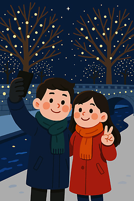 나무 커플 여자 남자 행복 여행 겨울 일러스트 따뜻함 웃음 풍경 빛 평화 시골 눈 강가 셀프카메라 가교 국내일러스트 AI파일 자연요소 식물 건축물 계절 감정 컨셉 관계 날씨 표정 사람 강 사진촬영 파일형식 벡터