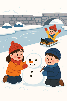 겨울 일러스트 장난 가족 모션 눈사람 놀이 웃음 야외 컴퓨터그래픽 친구 강 설원 눈 눈송이 즐거움 스키복 썰매 국내일러스트 AI파일 자연요소 옷 계절 감정 관계 날씨 스키 눈_날씨 표정 그래픽 파일형식 벡터