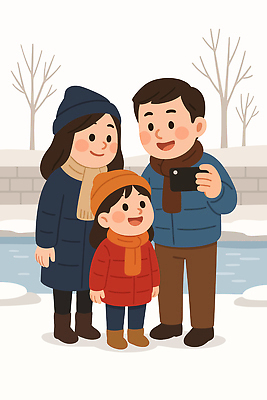 나무 공원 행복 어린이 겨울 일러스트 가족 모션 자연 웃음 풍경 부모 눈 시간 셀프카메라 즐거움 국내일러스트 AI파일 자연요소 식물 계절 공공시설 감정 관계 날씨 표정 사람 사진촬영 생태계 파일형식 벡터
