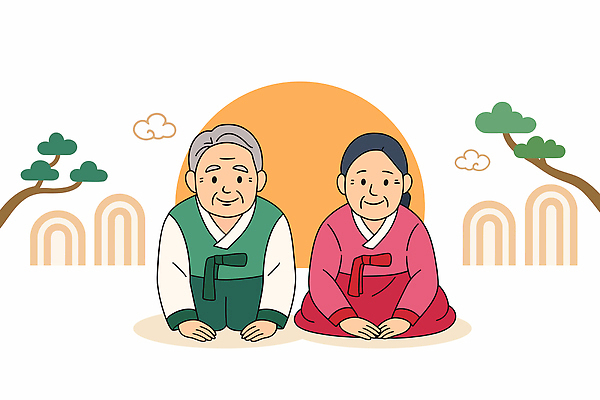 나무 전통 노년 행복 문화 여유 컬러 백그라운드 일러스트 한국 웃음 평화 정원 노부부 만남 한국인 절 전통의상 한복 새해복많이받으세요 보살핌 국내일러스트 AI파일 식물 한국전통 부부 감정 아시아 컨셉 새해 표정 동양인 성인 인사 파일형식 벡터