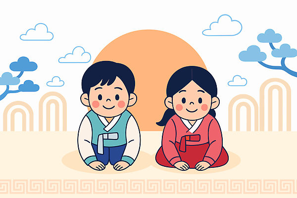 한국문화 전통 문화 어린이 컬러 백그라운드 일러스트 한국 따뜻함 미소 앉기 소녀 소년 태양 귀여움 절 전통의상 한복 그림 새해복많이받으세요 초상화 아기자기 국내일러스트 AI파일 자연요소 동양문화 한국전통 여자 남자 아시아 컨셉 모션 새해 표정 사람 인사 파일형식 벡터