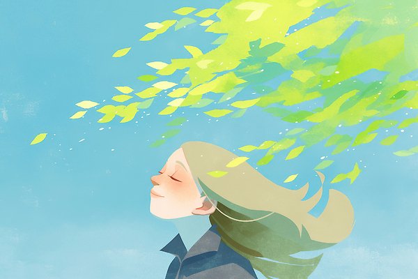 주간 자연요소 감정 컨셉 잎 날씨 태양 머리 생태계 파일형식 바람 나뭇잎 평화 하늘 자연 사람 고요 햇빛 청명 여유 뷰티풀 색감 휴식 머리카락 계절 아침 오후 JPG 일러스트 국내일러스트