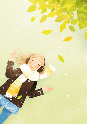 자연요소 식물 잡화 여자 감정 어린이 컬러 컨셉 잎 날씨 문화예술 표정 목도리 감각 생태계 파일형식 소녀 음악 웃음 스카프 귀마개 행복 자연 포근함 고요 휴식 모션 놀이 즐거움 바람 노란색 나뭇잎 JPG 일러스트 국내일러스트