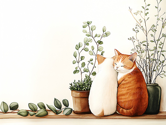 식물 동물 감정 컨셉 포유류 건물 반려동물 감각 생태계 파일형식 고양이 화분 사랑 함께함 편안함 자연 예술 주택 따뜻함 귀여움 나무 잎 장식 힐링 JPG 일러스트 국내일러스트