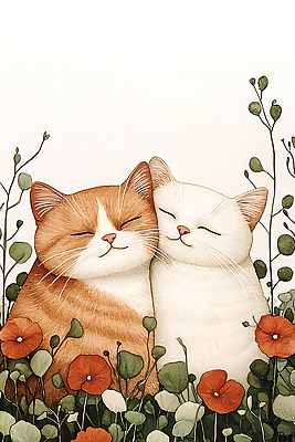 식물 동물 감정 컨셉 포유류 표정 반려동물 생태계 파일형식 고양이 꽃 행복 화초 자연 귀여움 사랑 웃음 동물원 조화 따뜻함 그림 수채화 JPG 일러스트 국내일러스트