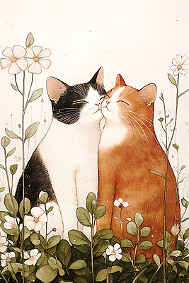 식물 동물 꽃 감정 컬러 컨셉 포유류 반려동물 감각 생태계 파일형식 고양이 꽃밭 스킨십 사랑 자연 주황색 흰색 검은색 포근함 귀여움 생명 관계 정원 JPG 일러스트 국내일러스트
