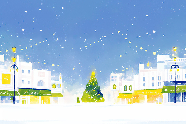 계절 기념일 컨셉 크리스마스 겨울 풍경 파일형식 크리스마스트리 거리 상점 조명 화려 겨울풍경 축제 장식 컬러 따뜻함 신호등 산타클로스 연말 장면 국내일러스트 일러스트 JPG
