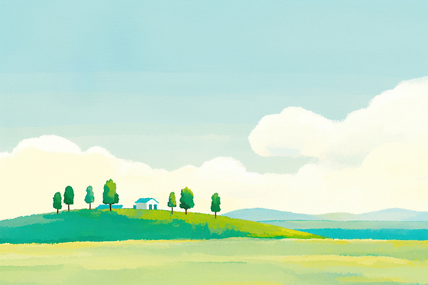 식물 감정 컬러 컨셉 건물 태양 시골 생태계 파일형식 언덕 주택 나무 하늘 풍경 자연 초원 파란색 햇빛 땅 고요 농촌 평화 환경 여유 여행 국내일러스트 일러스트 JPG
